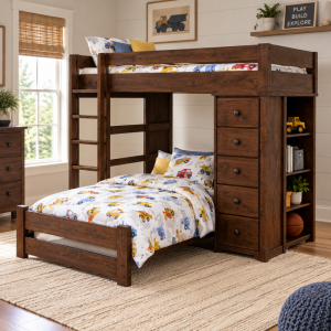 Twin over Twin Bunkbed with Bookcase and Storage 